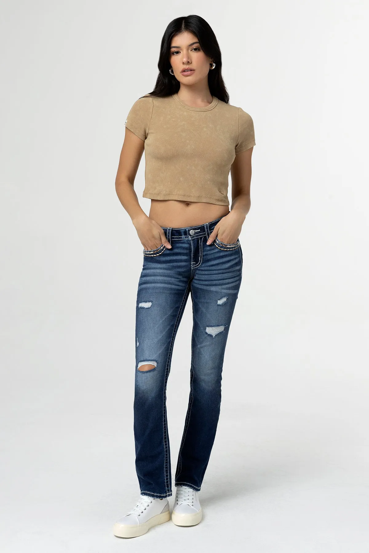 Torn Saddle Stitch Straight Jeans