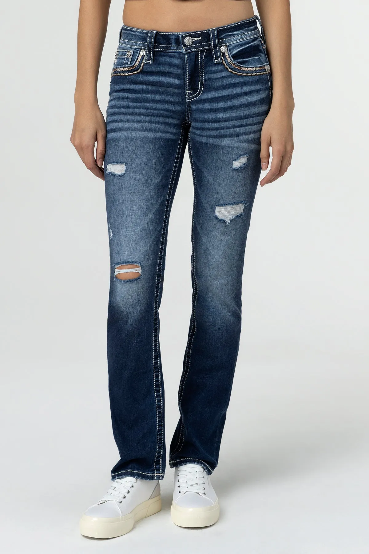 Torn Saddle Stitch Straight Jeans