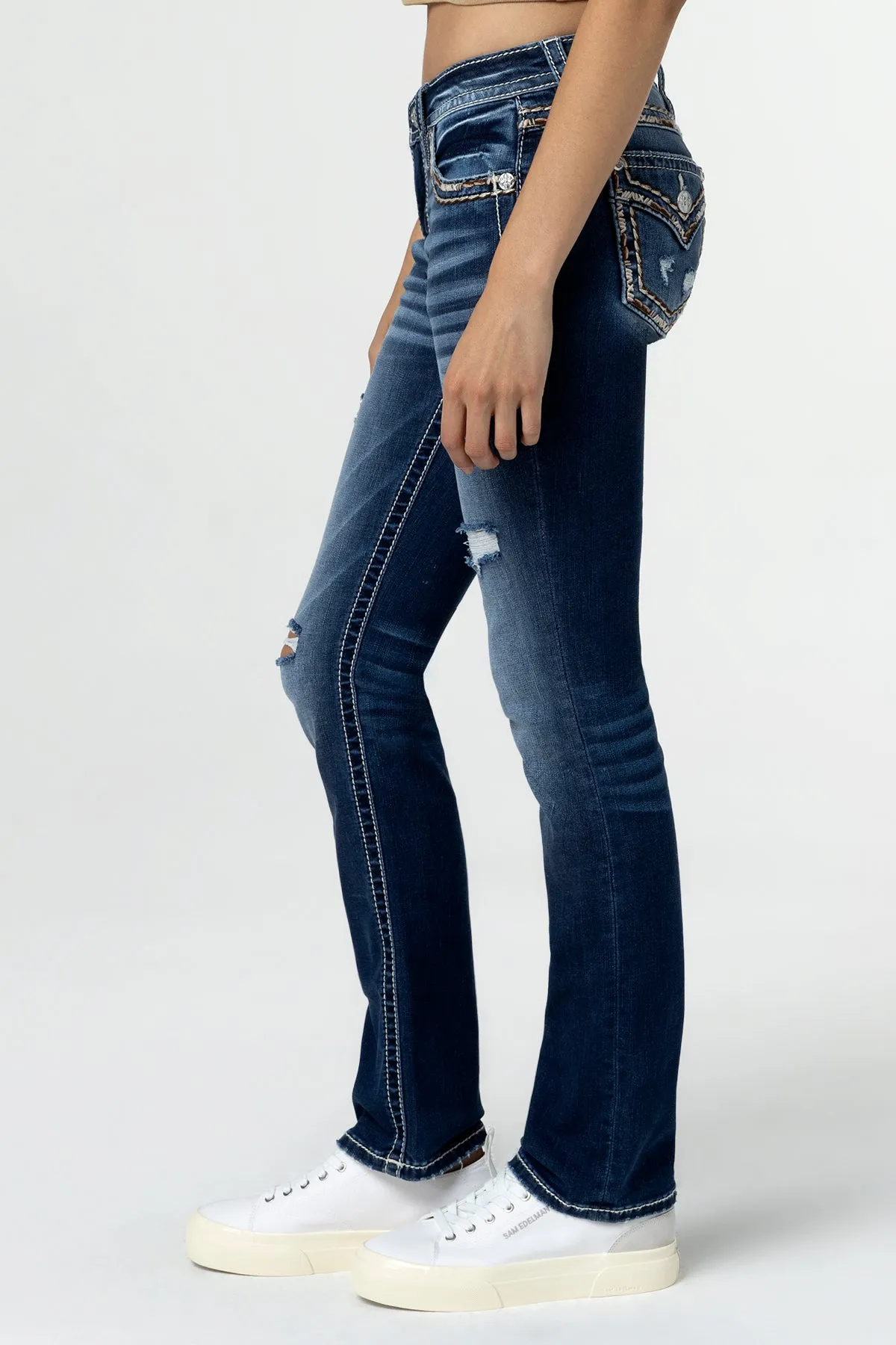 Torn Saddle Stitch Straight Jeans