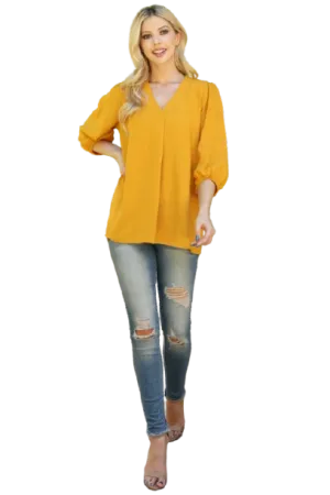 V Neck Band Elastic Tunnel Sleeve Woven Top Mustard - Pack of 6