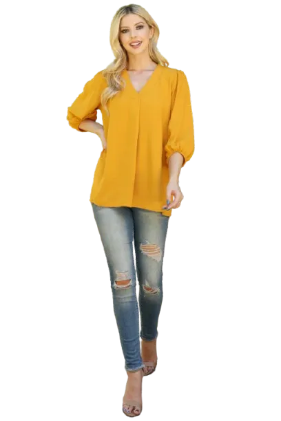 V Neck Band Elastic Tunnel Sleeve Woven Top Mustard - Pack of 6