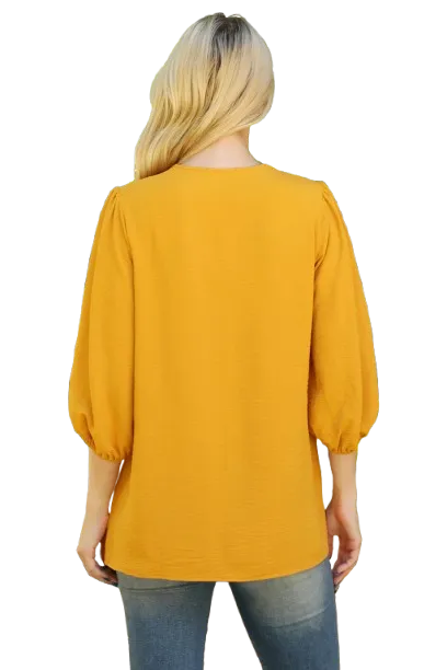 V Neck Band Elastic Tunnel Sleeve Woven Top Mustard - Pack of 6