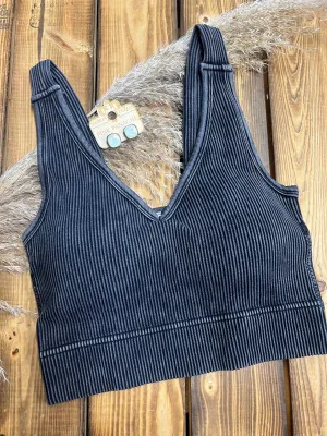 V Neck Bralette - MINERAL WASH BLACK