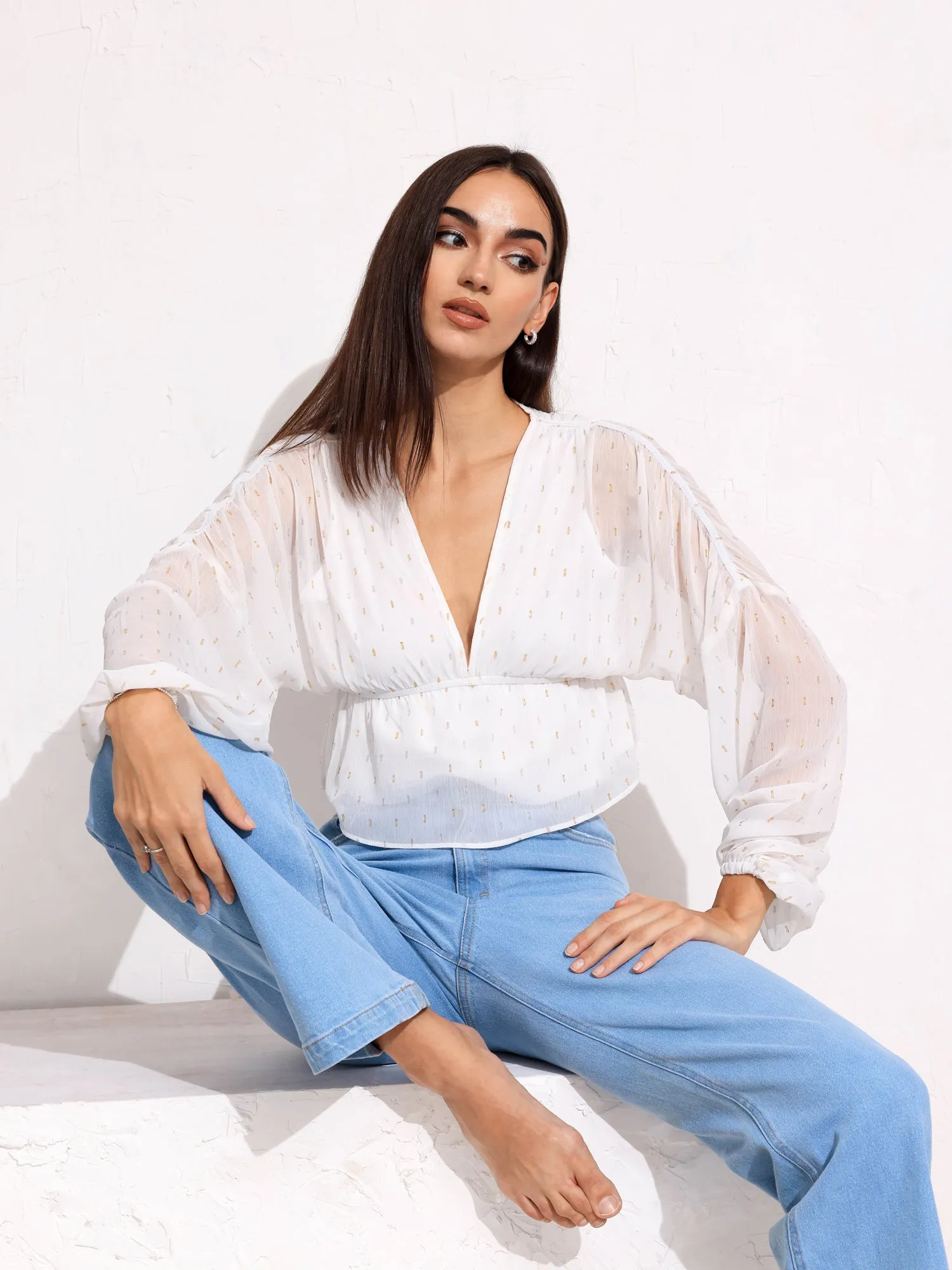 V-Neck Front Tieup Balloon Sleeve Top