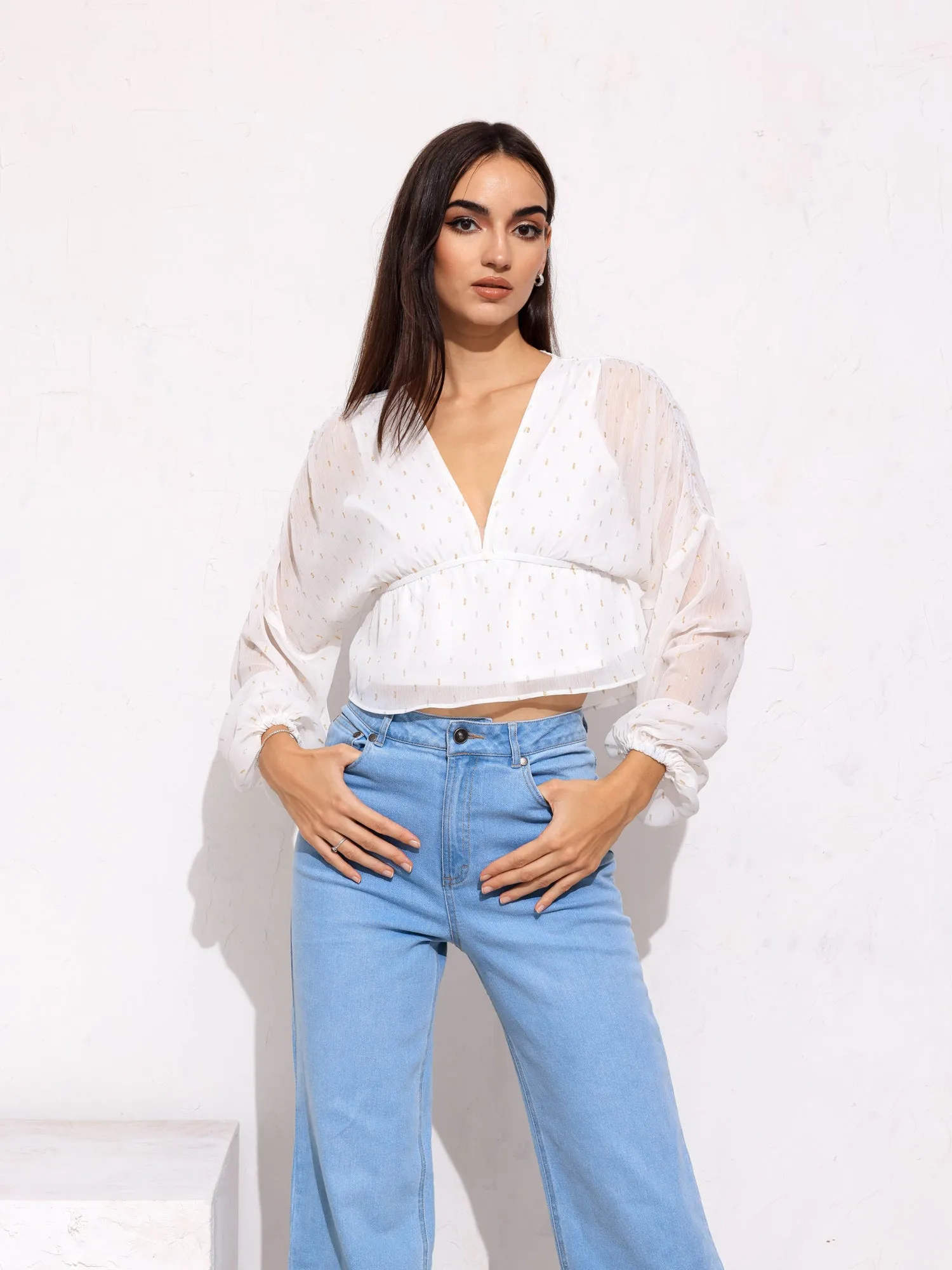 V-Neck Front Tieup Balloon Sleeve Top