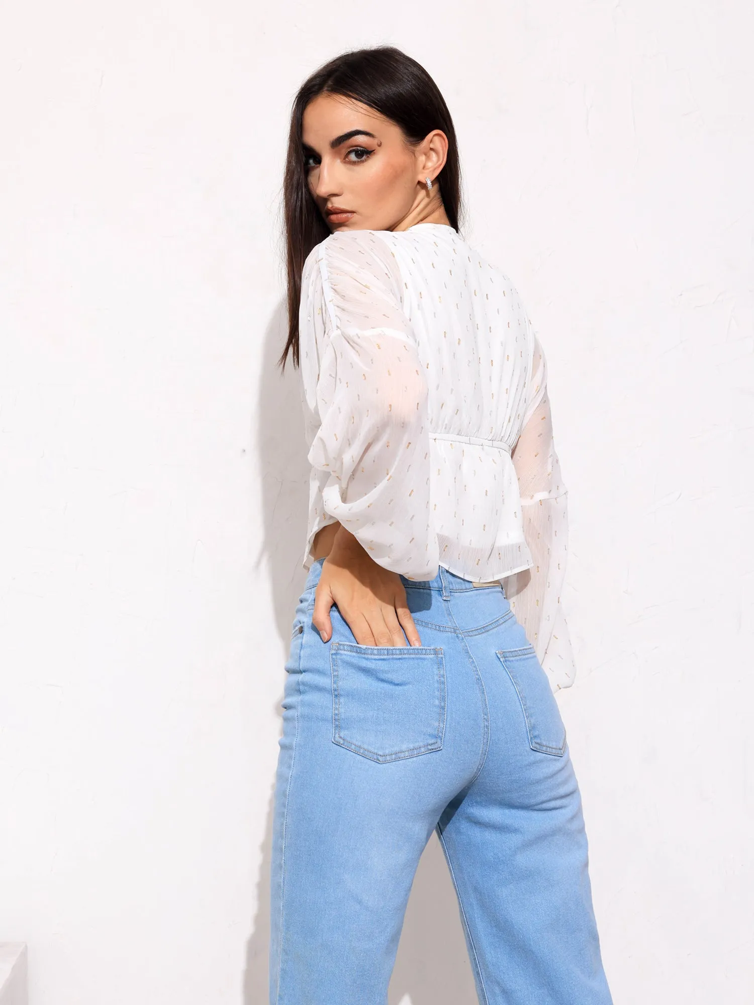 V-Neck Front Tieup Balloon Sleeve Top