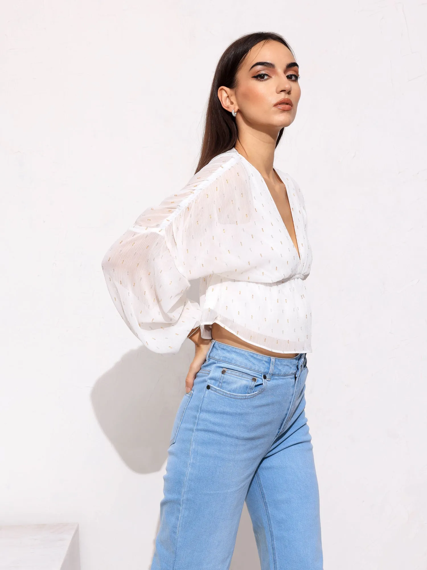 V-Neck Front Tieup Balloon Sleeve Top