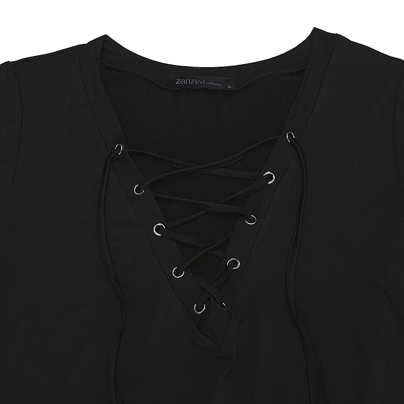 V Neck Lace Up Short Sleeve T-shirt
