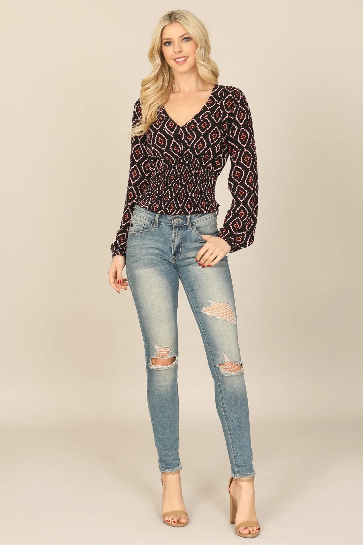 V-NECK LONG SLEEVE SMOCKED RUFFLE WAIST PRINTED TOP