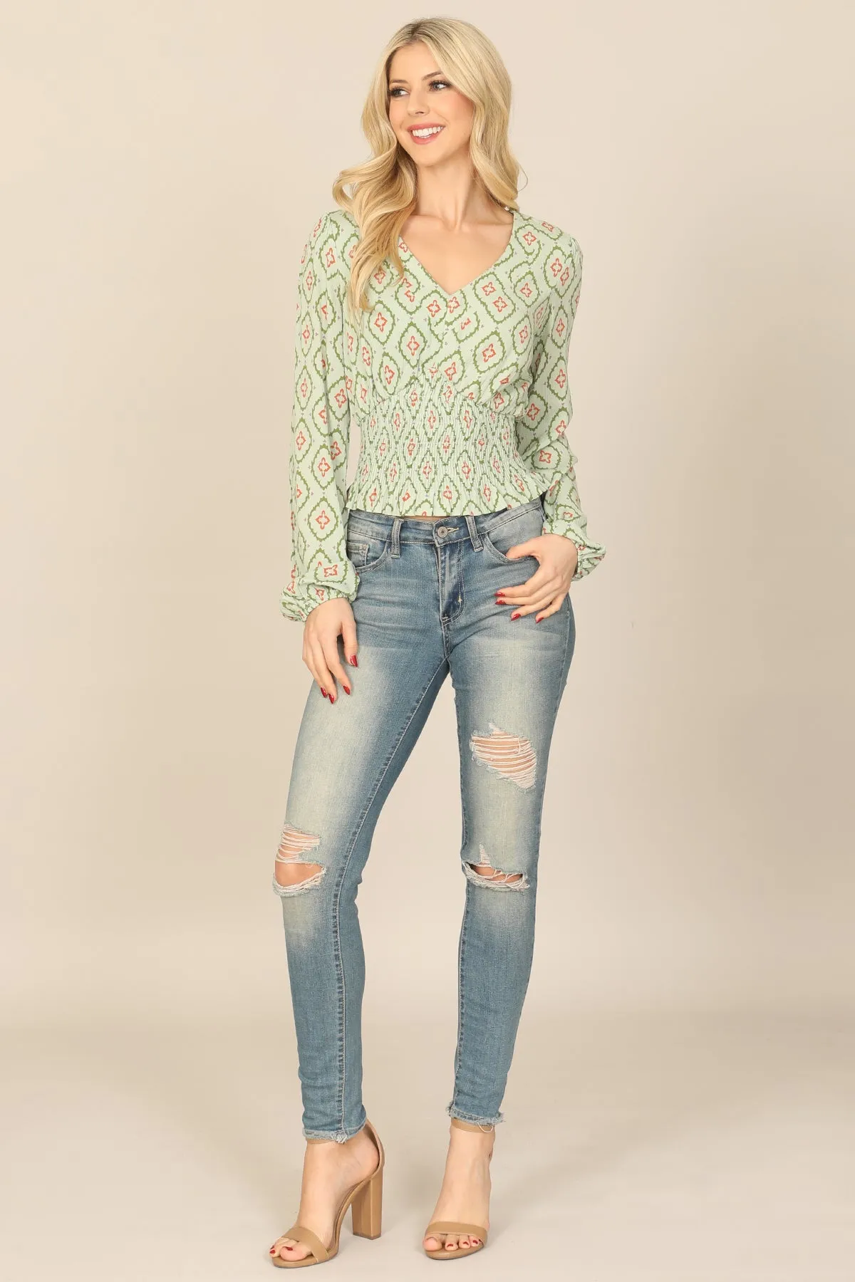 V-NECK LONG SLEEVE SMOCKED RUFFLE WAIST PRINTED TOP