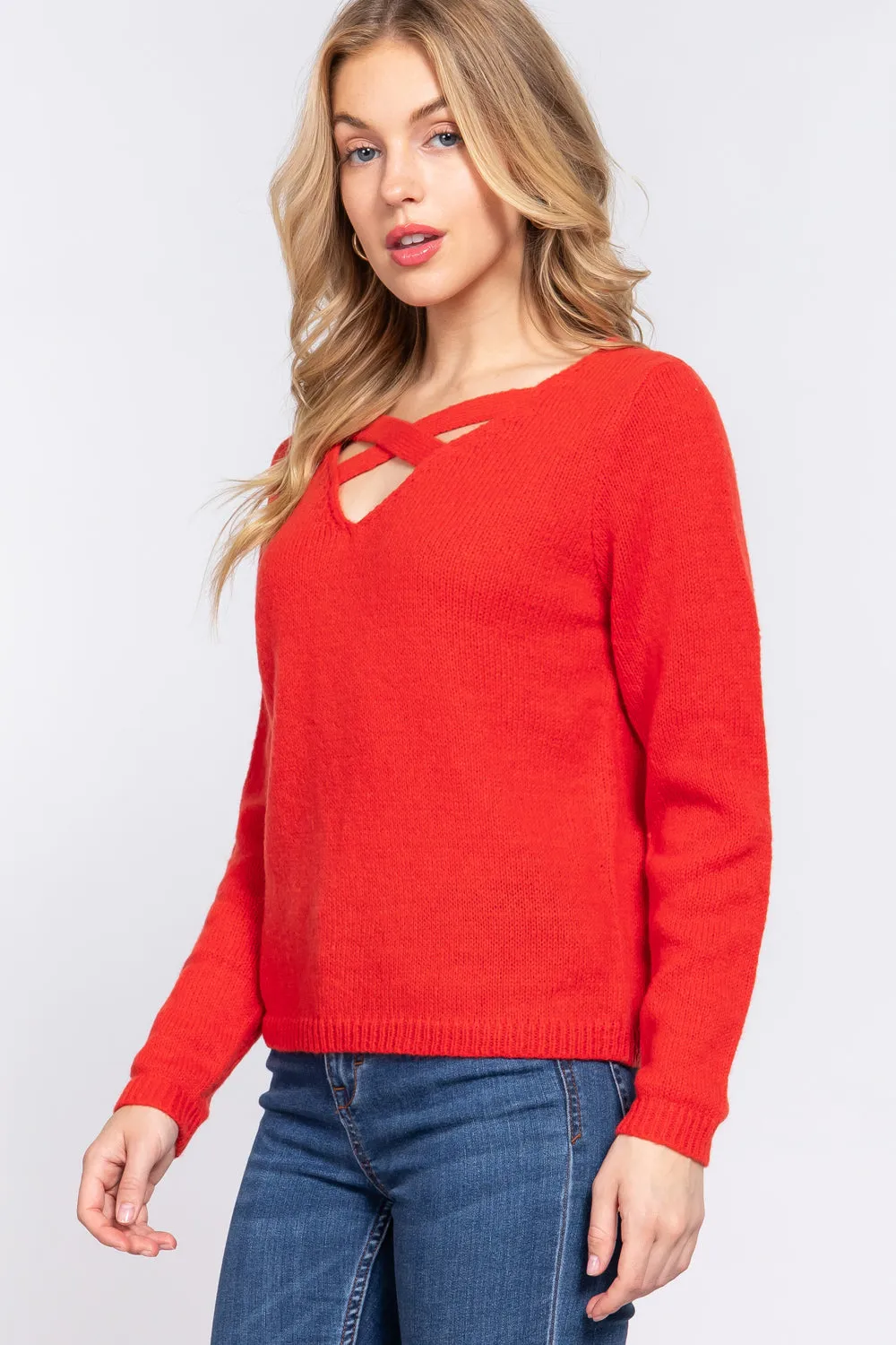 V-neck Orange Red Sweater Long Sleeve X Strap