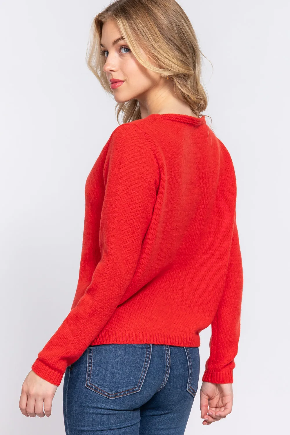 V-neck Orange Red Sweater Long Sleeve X Strap