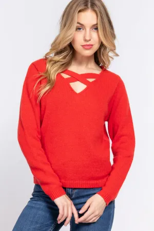 V-neck Orange Red Sweater Long Sleeve X Strap