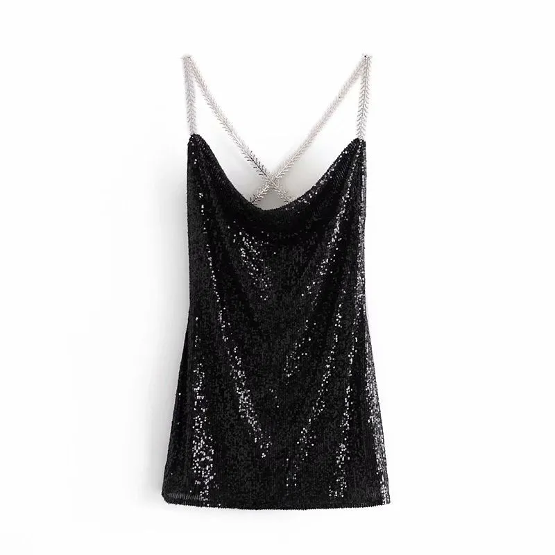 V-neck Sequins Backless Party Mini Dresses