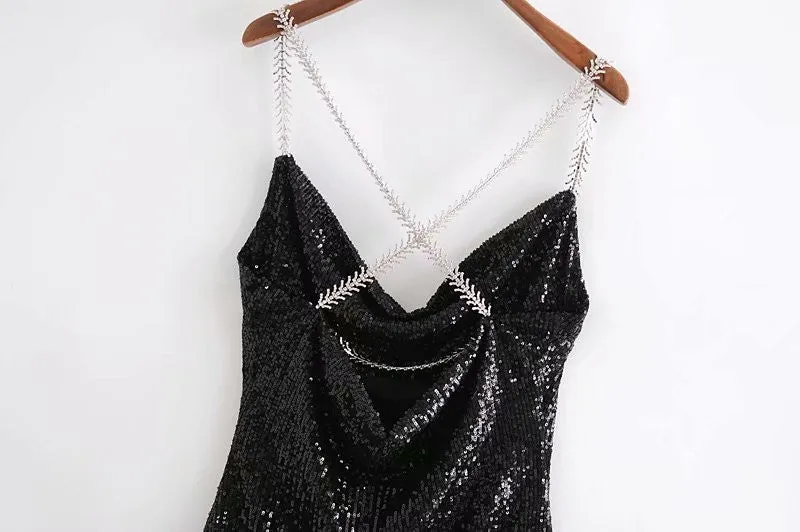 V-neck Sequins Backless Party Mini Dresses