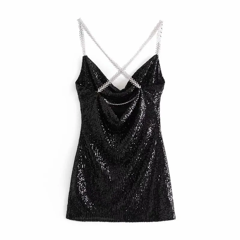 V-neck Sequins Backless Party Mini Dresses
