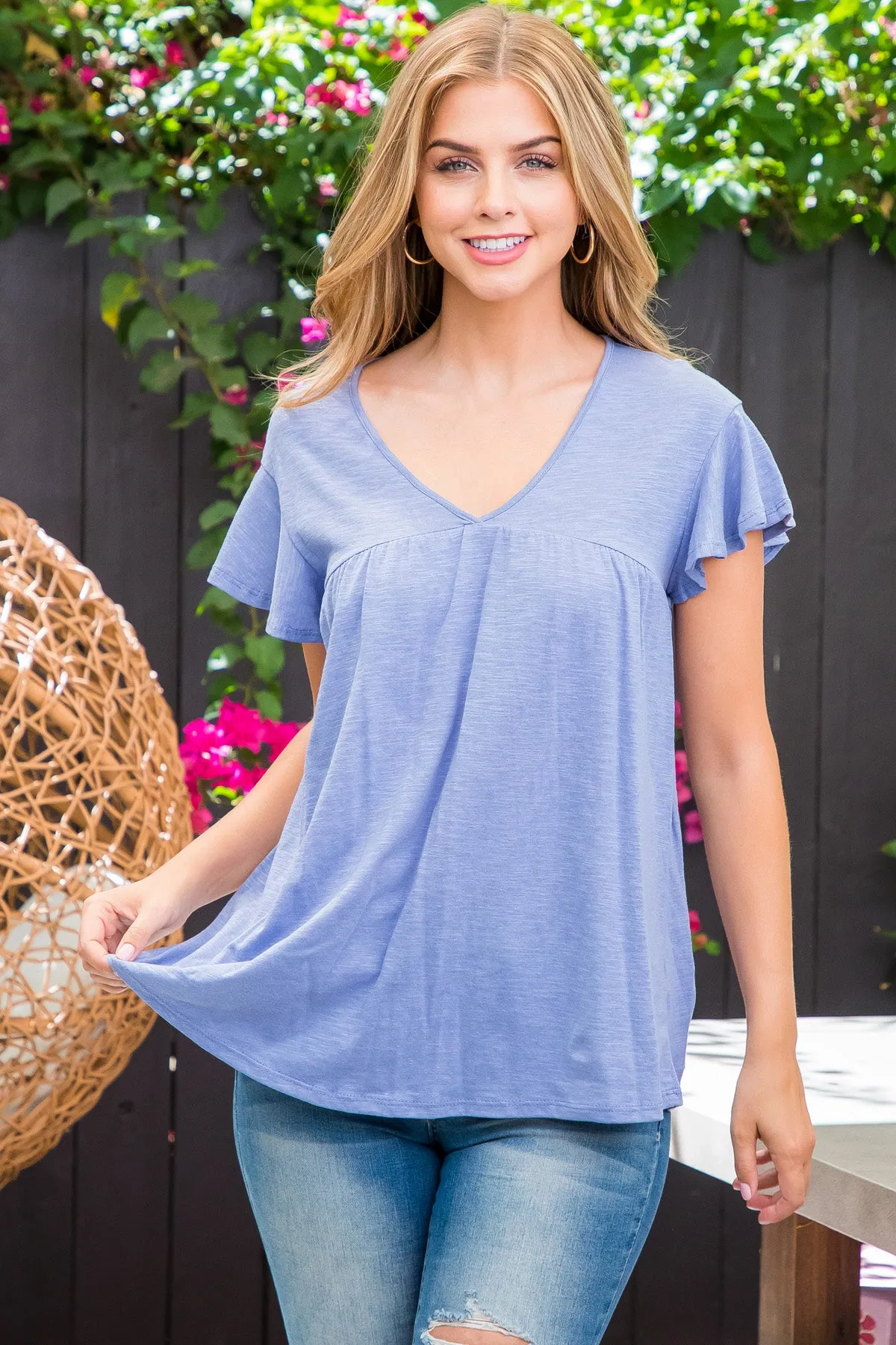 V-Neck Shirring Details Slub Top