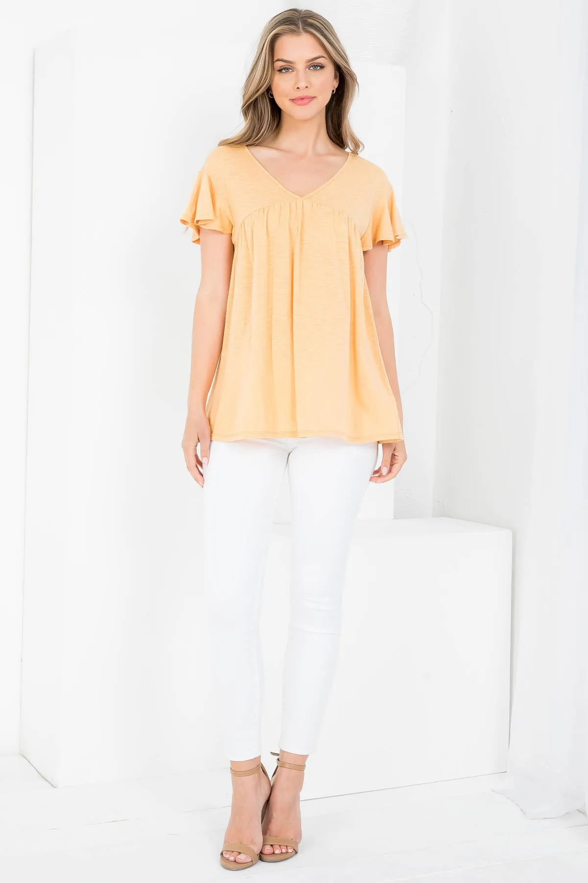 V-Neck Shirring Details Slub Top