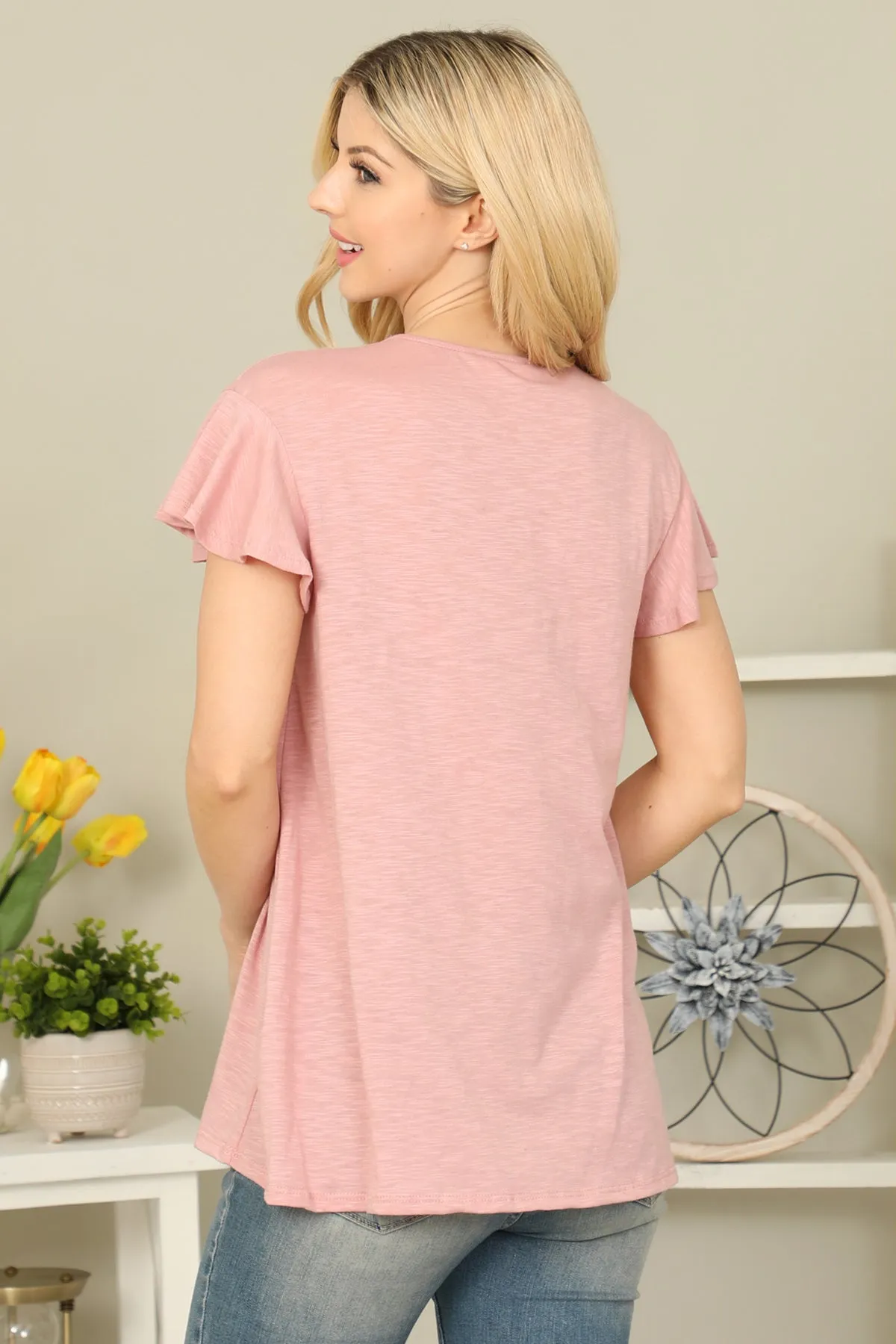 V-Neck Shirring Details Slub Top