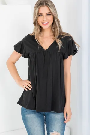 V-Neck Shirring Details Slub Top
