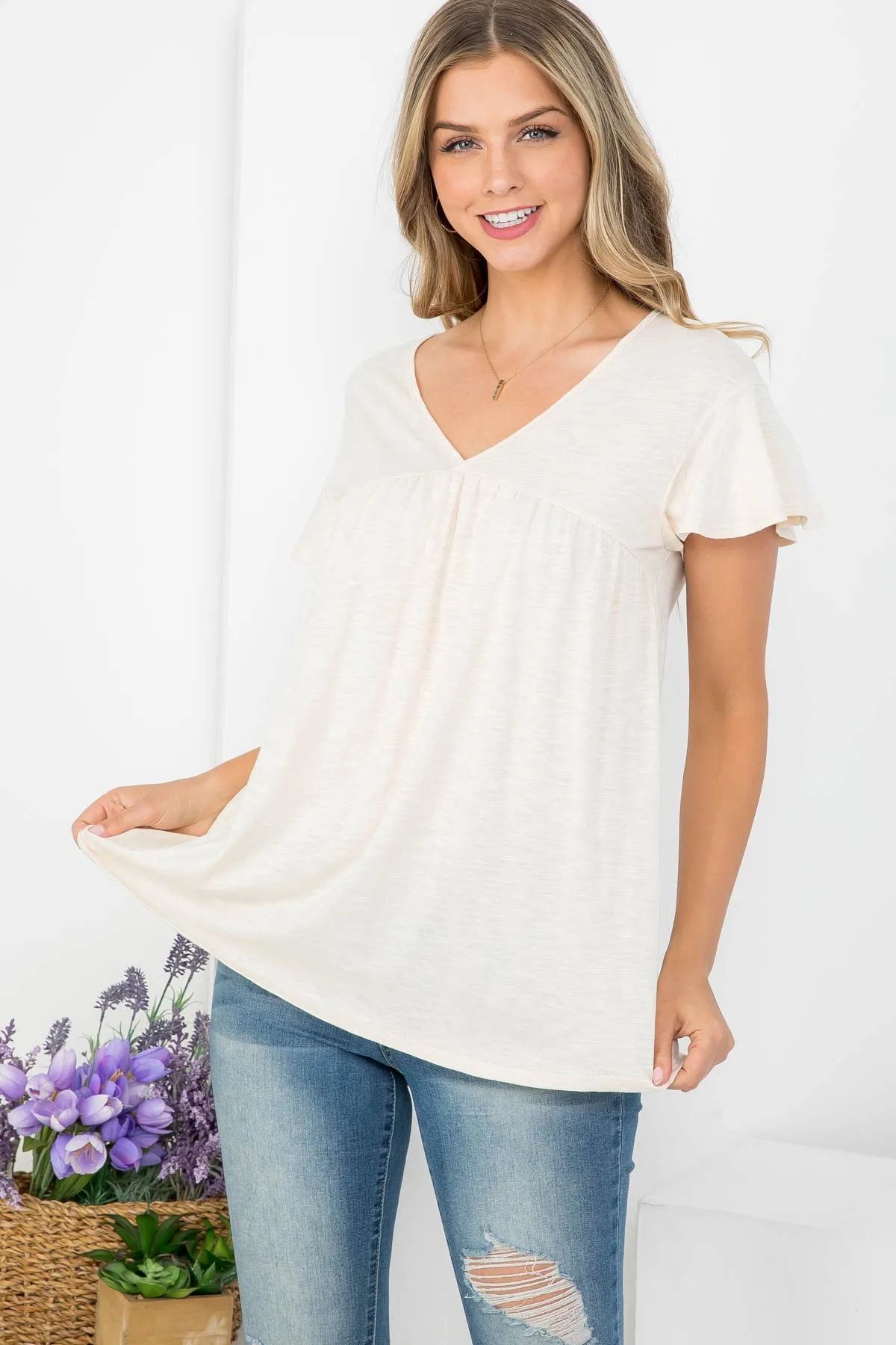 V-Neck Shirring Details Slub Top