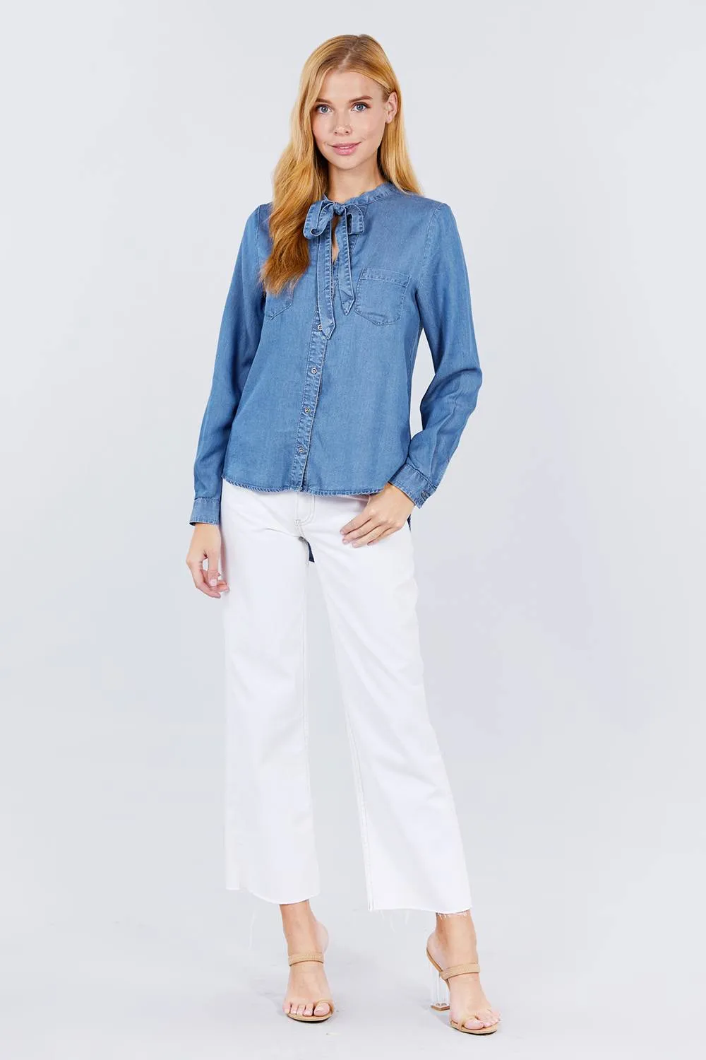 V-neck Tie Tencel Shirt