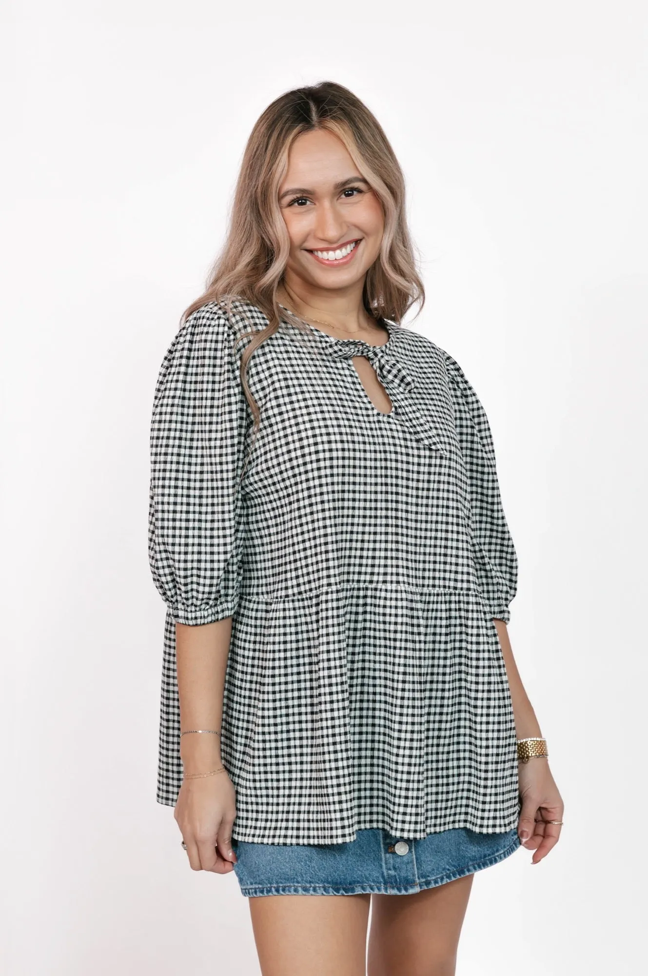 Valentina Puff Sleeve Top in Black/White Gingham