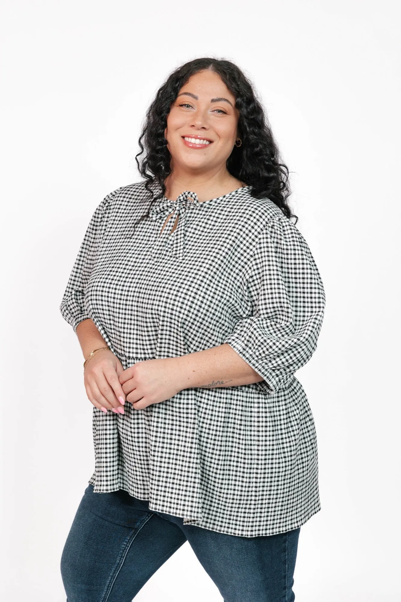 Valentina Puff Sleeve Top in Black/White Gingham