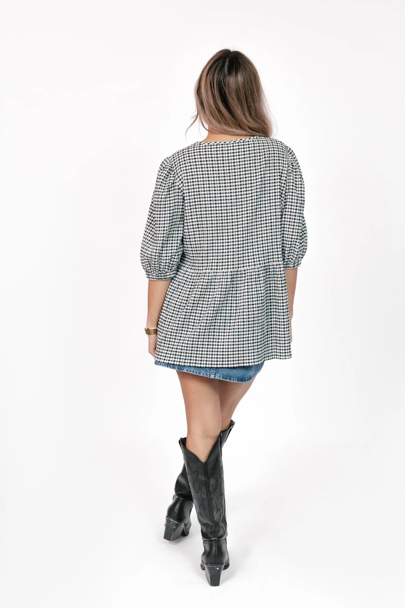 Valentina Puff Sleeve Top in Black/White Gingham