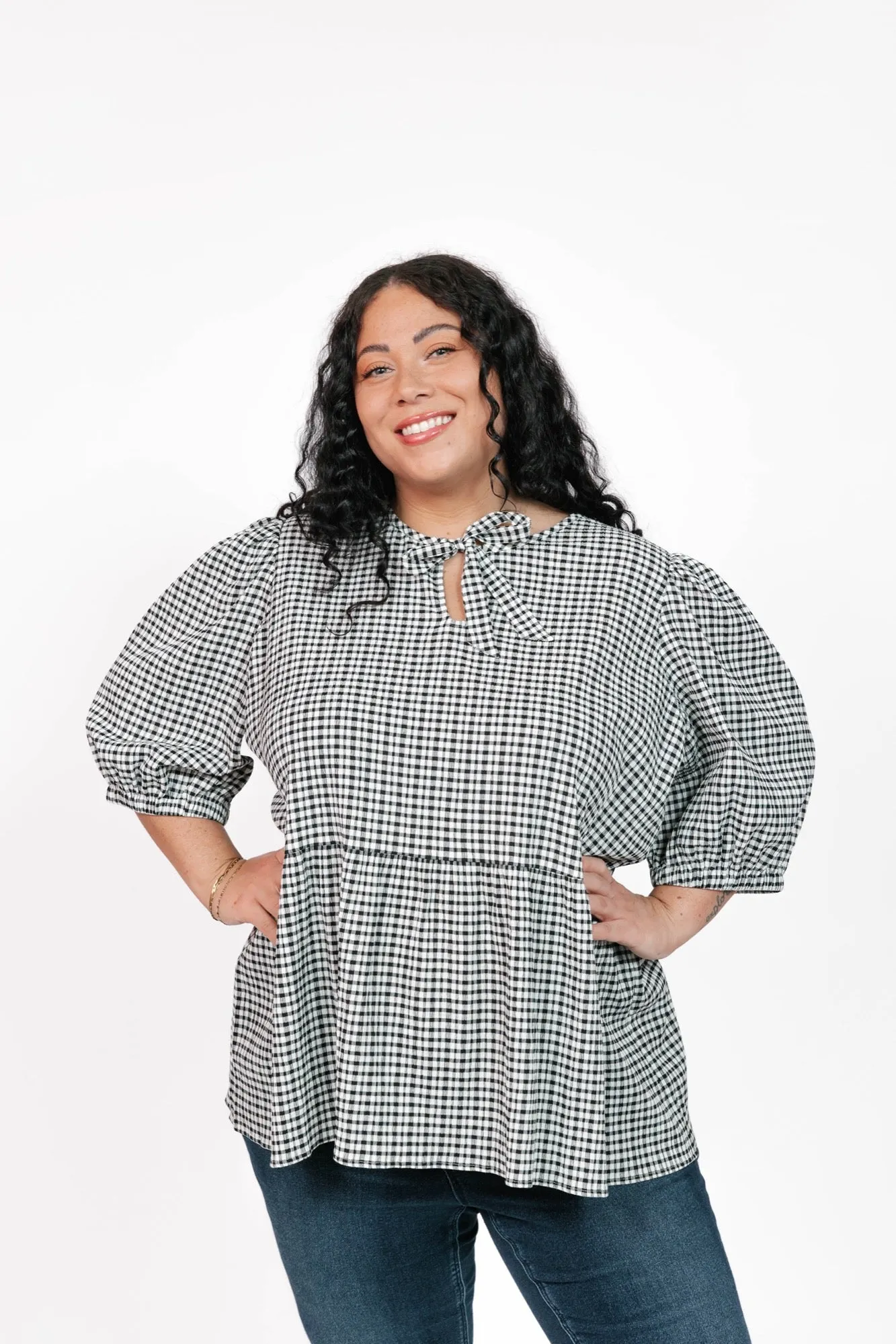 Valentina Puff Sleeve Top in Black/White Gingham