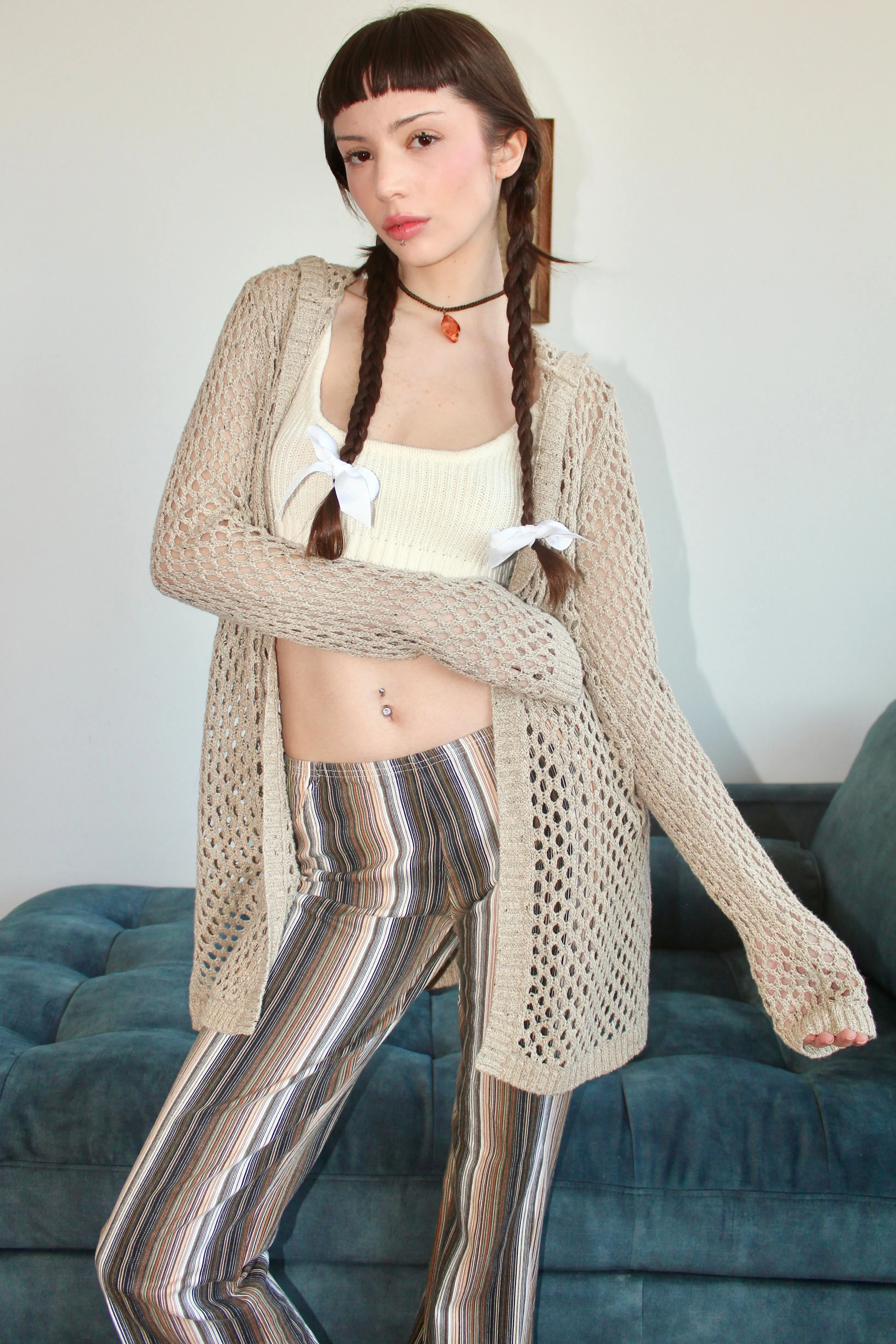 Vintage Tan Mesh Hooded Knit (M)