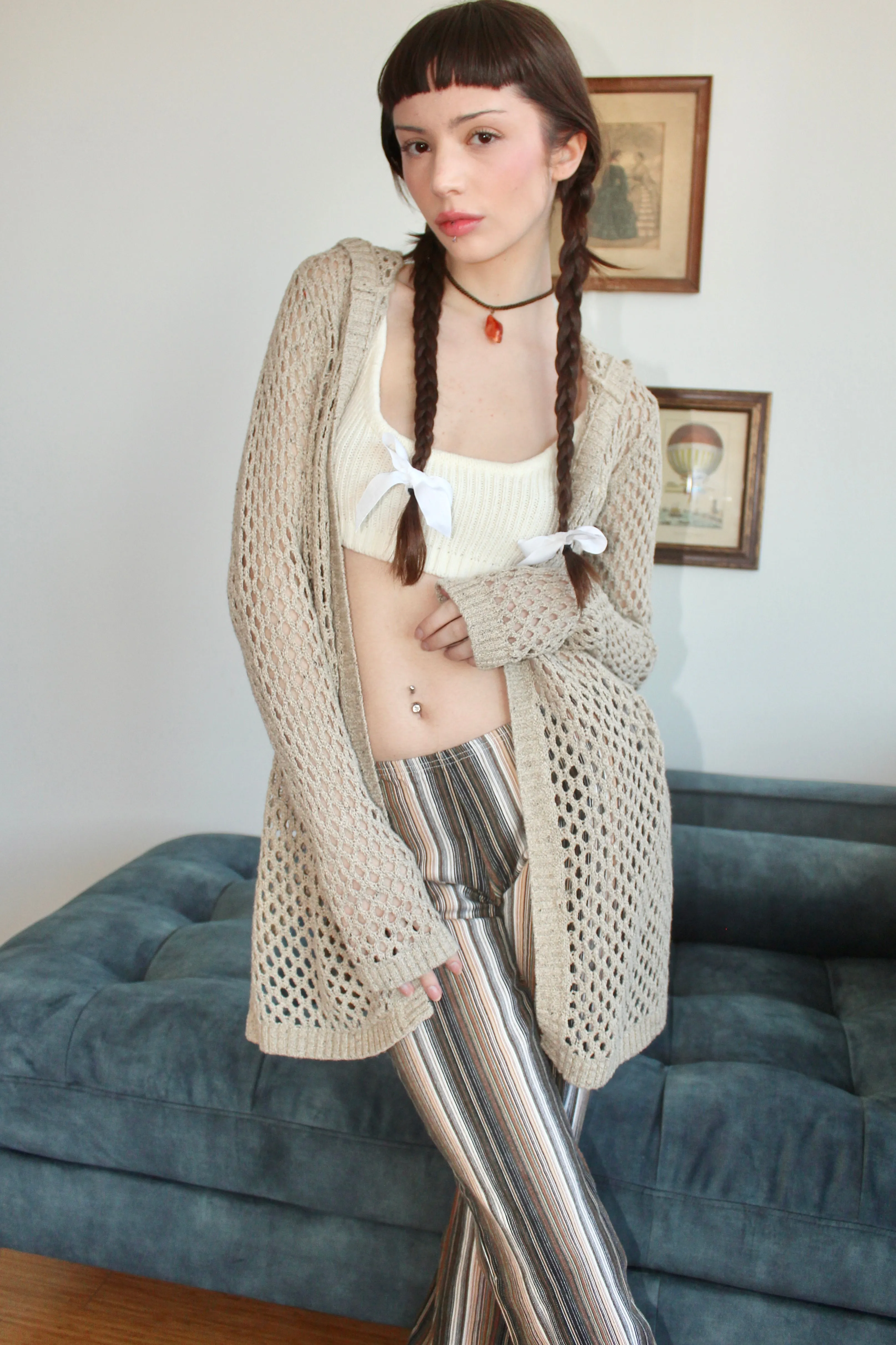 Vintage Tan Mesh Hooded Knit (M)