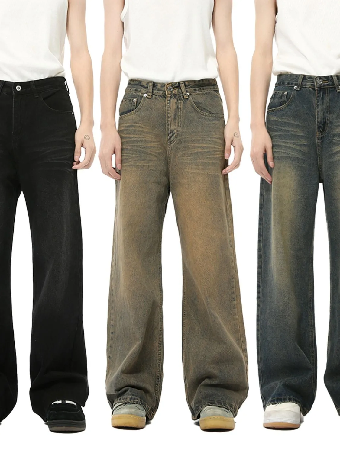 Washed Cat Whisker Straight Leg Jeans