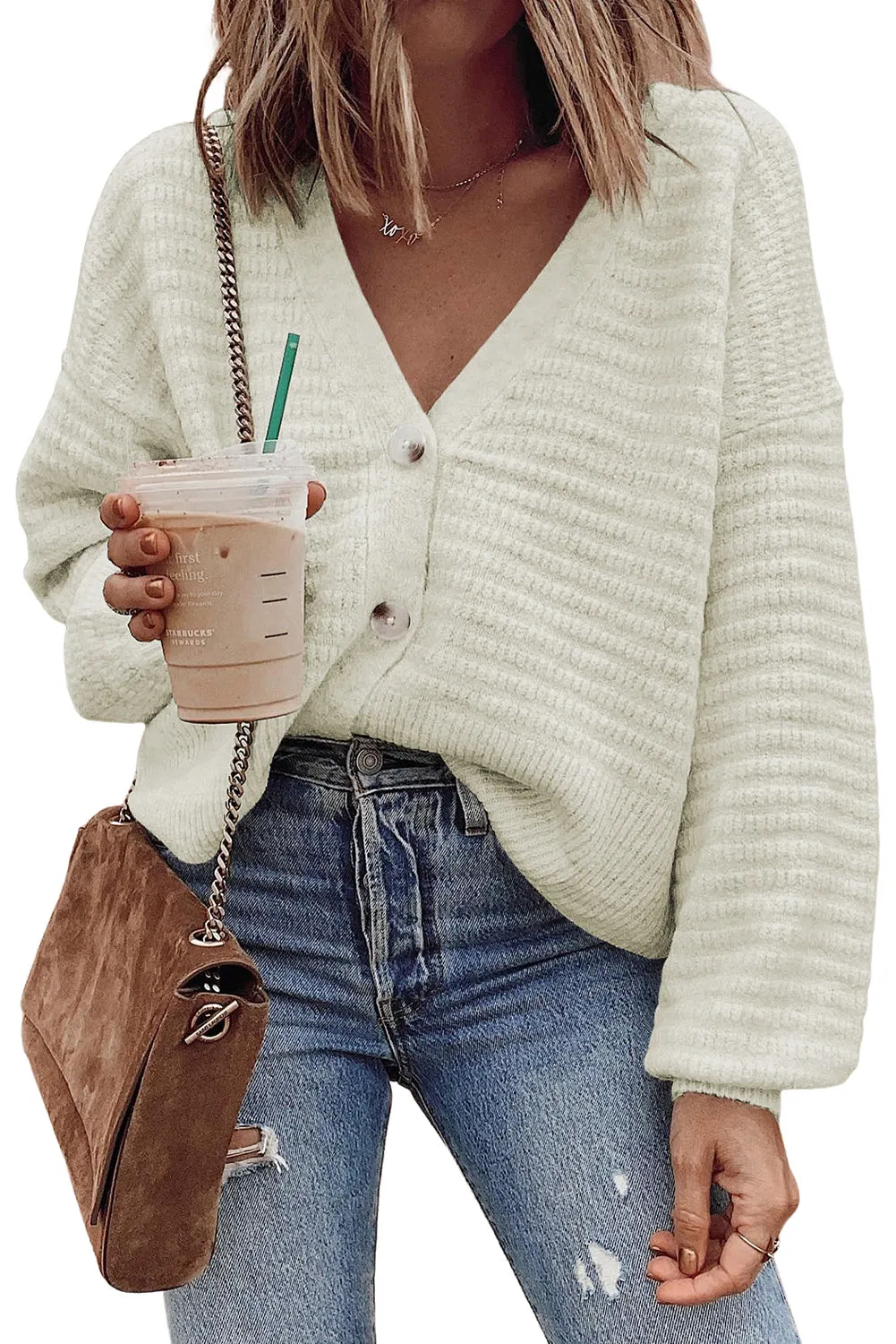 White Drop Shoulder Textured Knit Button V Neck Cardigan