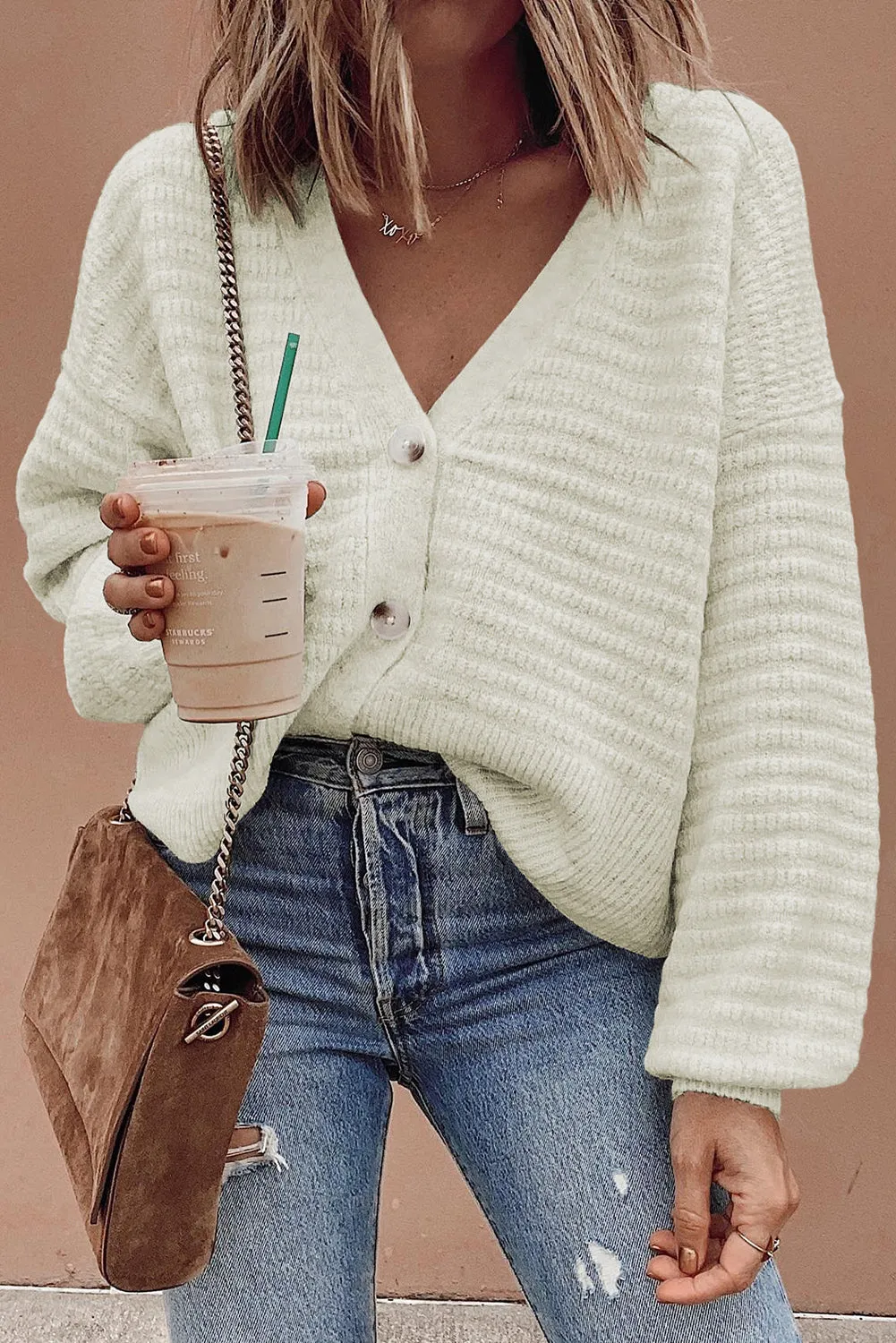 White Drop Shoulder Textured Knit Button V Neck Cardigan