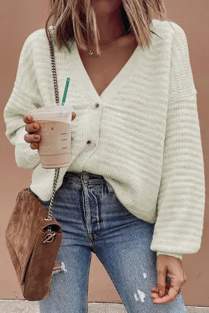 White Drop Shoulder Textured Knit Button V Neck Cardigan