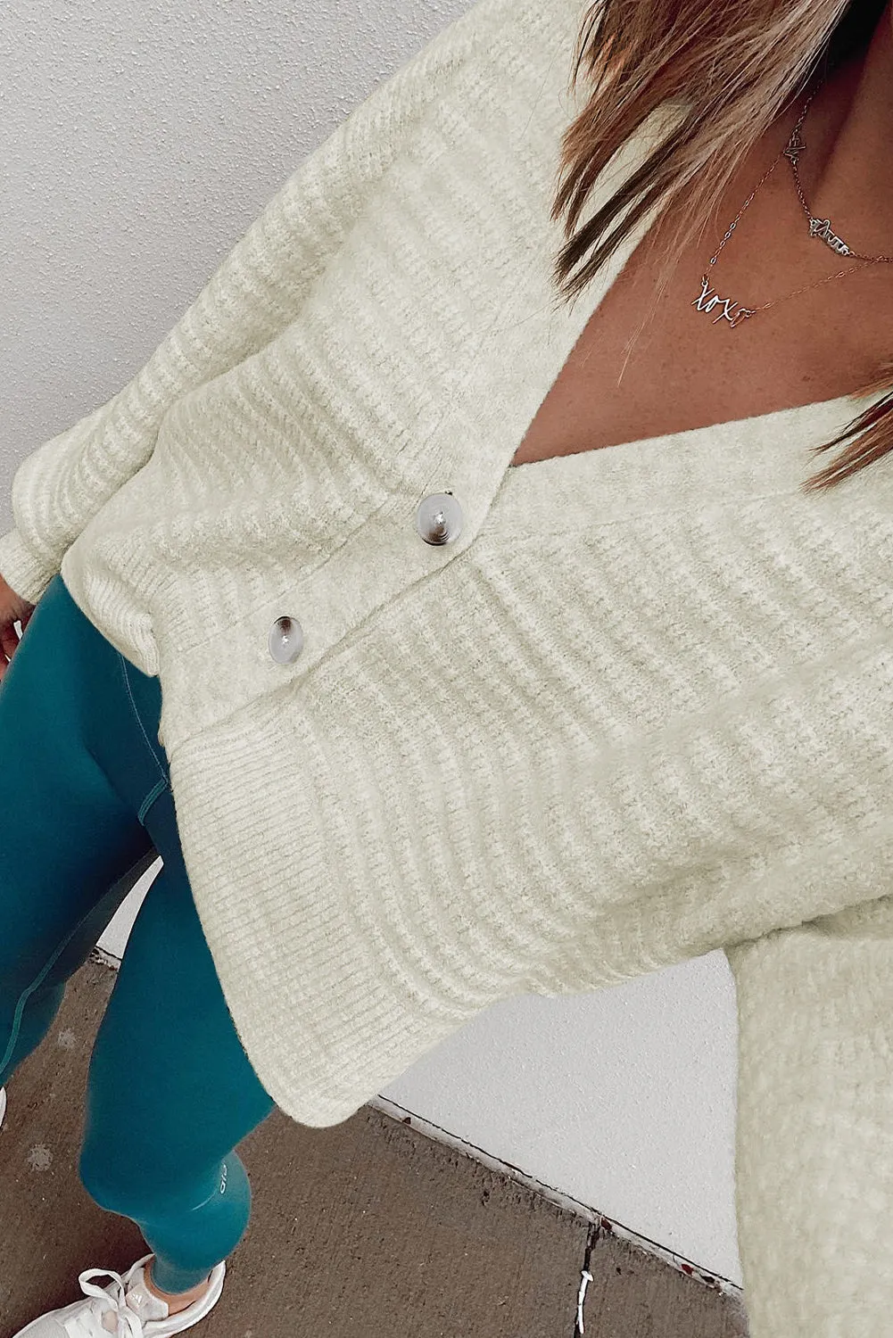 White Drop Shoulder Textured Knit Button V Neck Cardigan