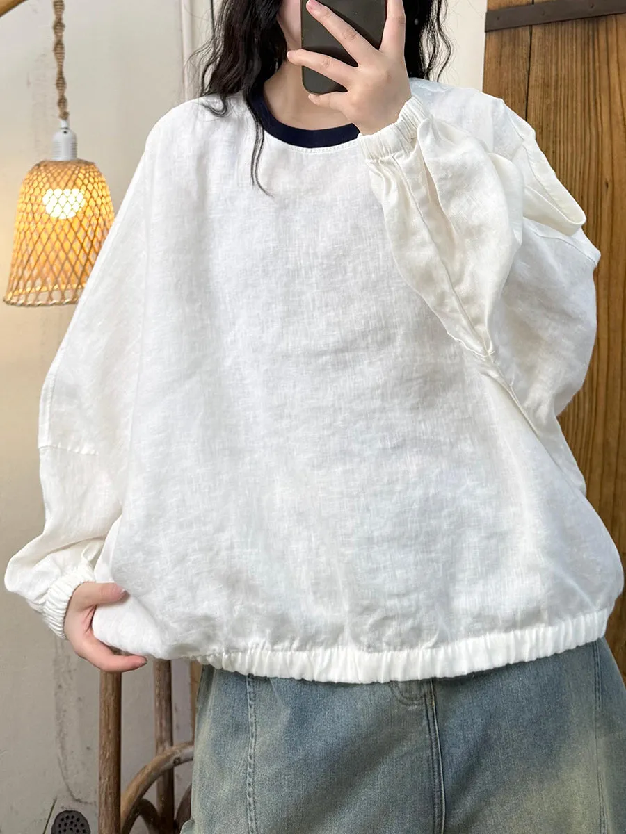 Women Spring Casual Colorblock O-Neck Linen Shirt