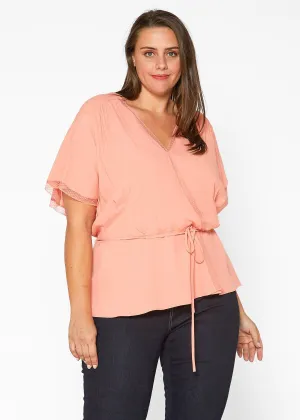 Women's Plus Size Lace Trim Cape Sleeve Wrap Blouse in Coral