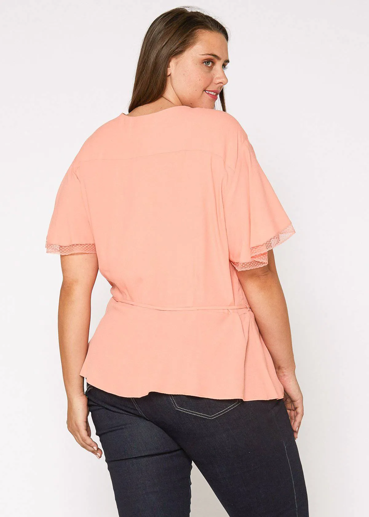 Women's Plus Size Lace Trim Cape Sleeve Wrap Blouse in Coral