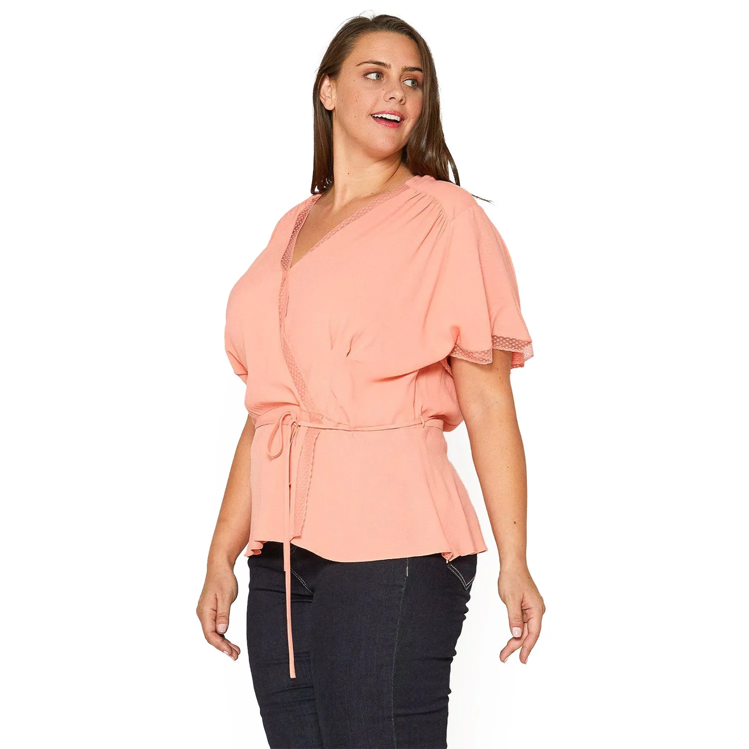 Women's Plus Size Lace Trim Cape Sleeve Wrap Blouse in Coral