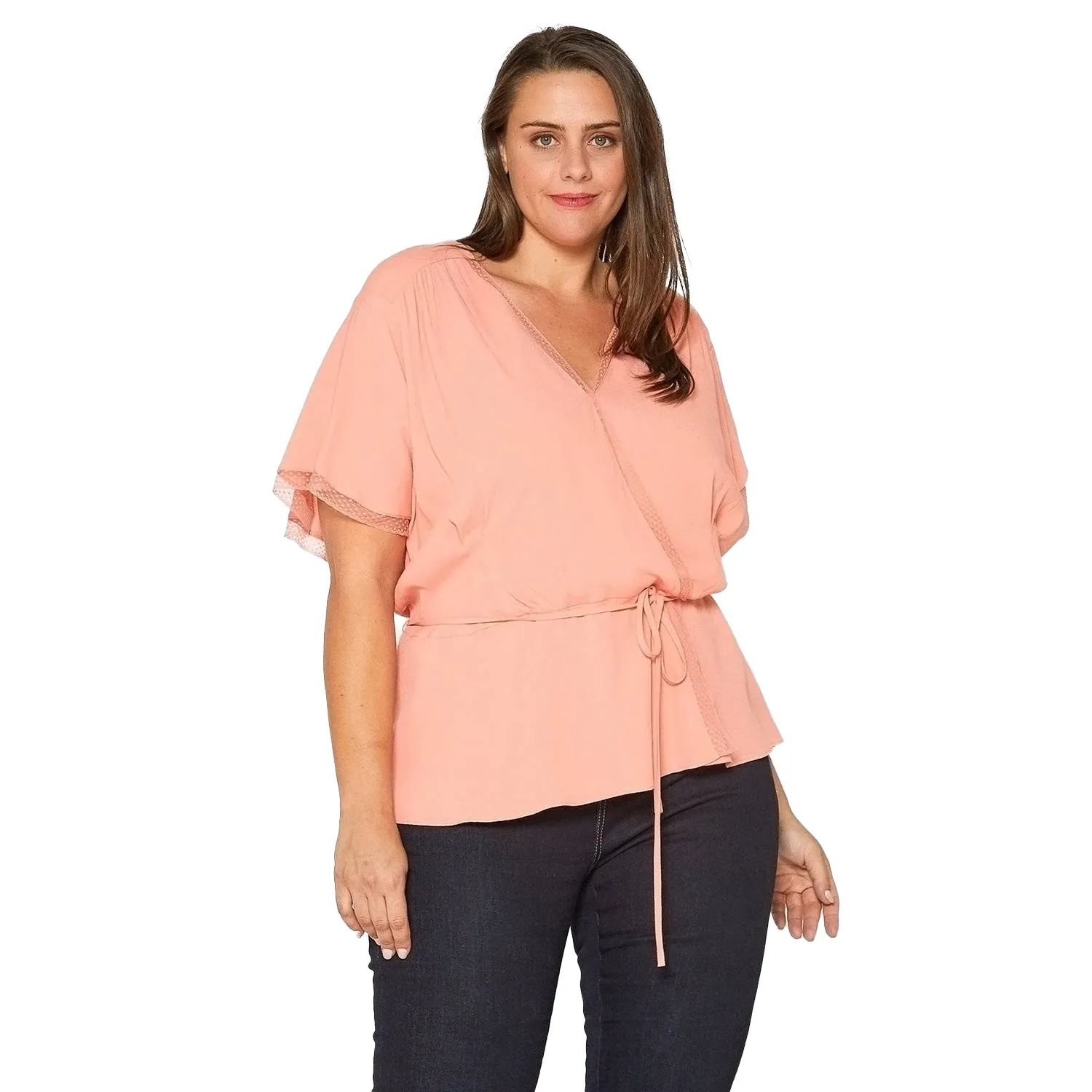 Women's Plus Size Lace Trim Cape Sleeve Wrap Blouse in Coral