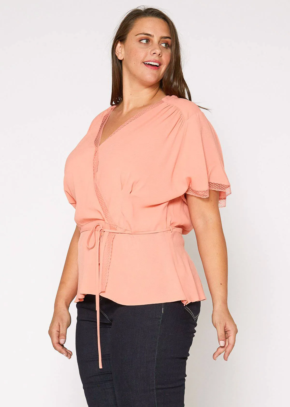 Women's Plus Size Lace Trim Cape Sleeve Wrap Blouse in Coral