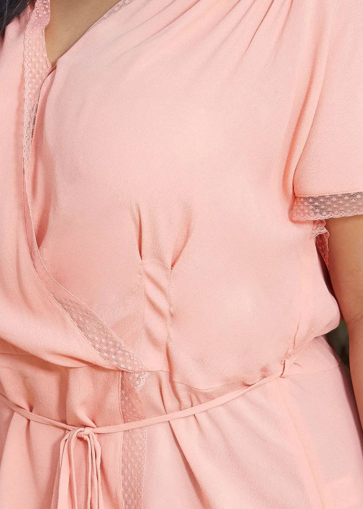 Women's Plus Size Lace Trim Cape Sleeve Wrap Blouse in Coral