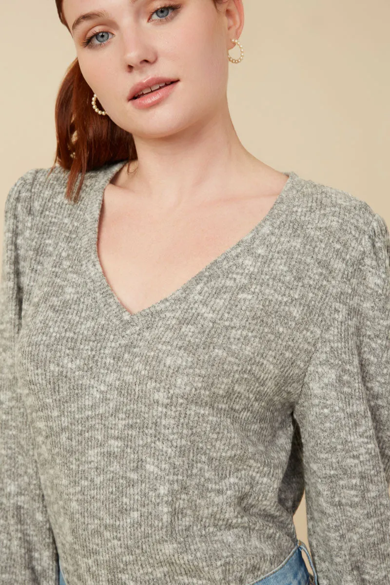 Womens Textured V Neck Speckled Rib Knit Top