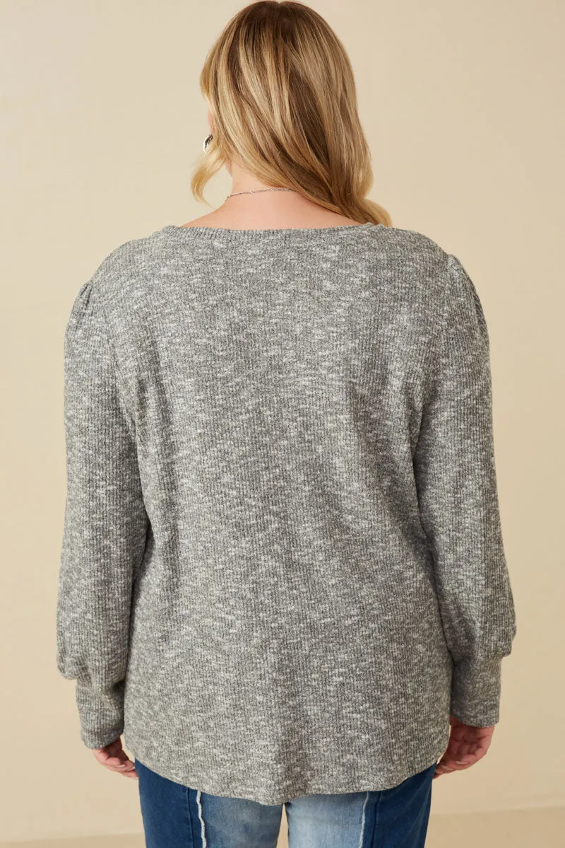 Womens Textured V Neck Speckled Rib Knit Top