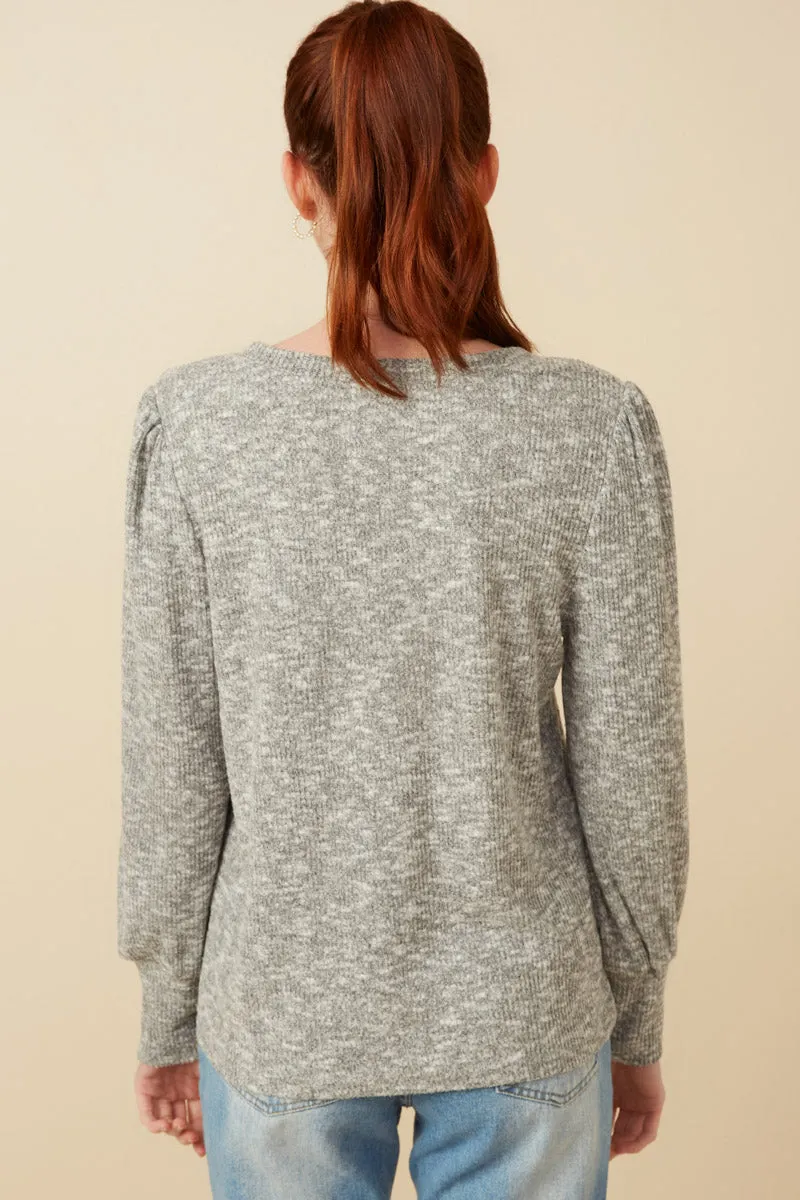 Womens Textured V Neck Speckled Rib Knit Top