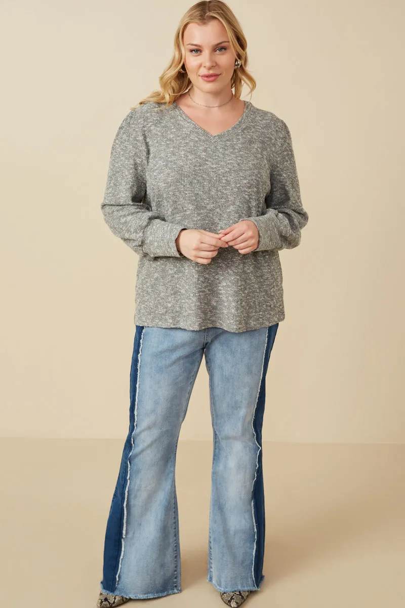 Womens Textured V Neck Speckled Rib Knit Top