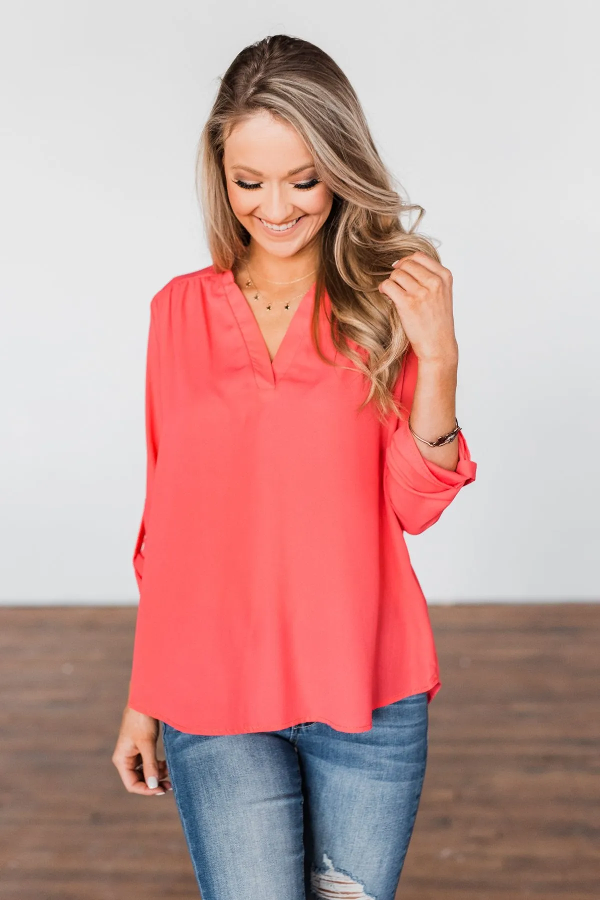 You Can Tell Me V-Neck Blouse- Coral