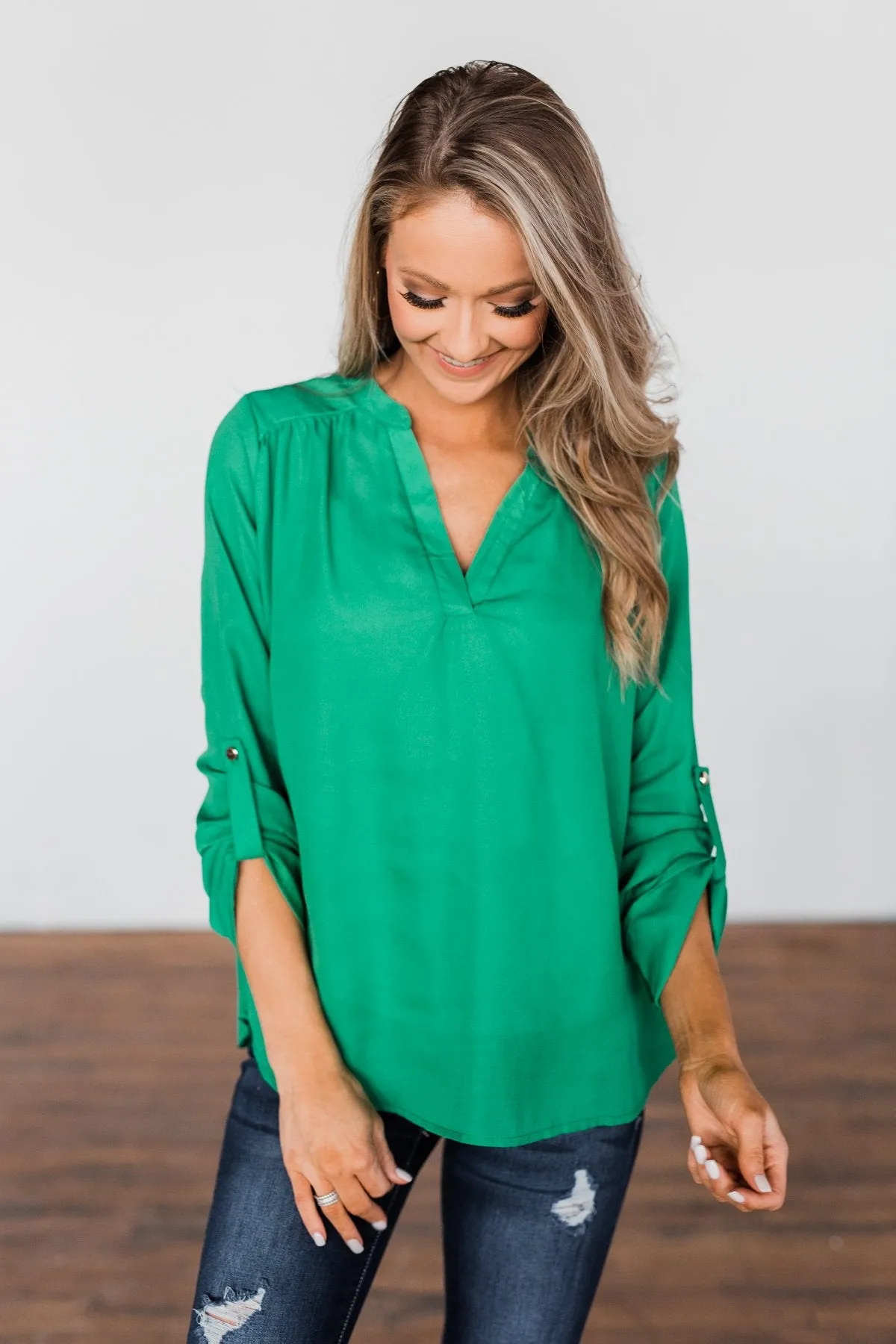 You Can Tell Me V-Neck Blouse- Green